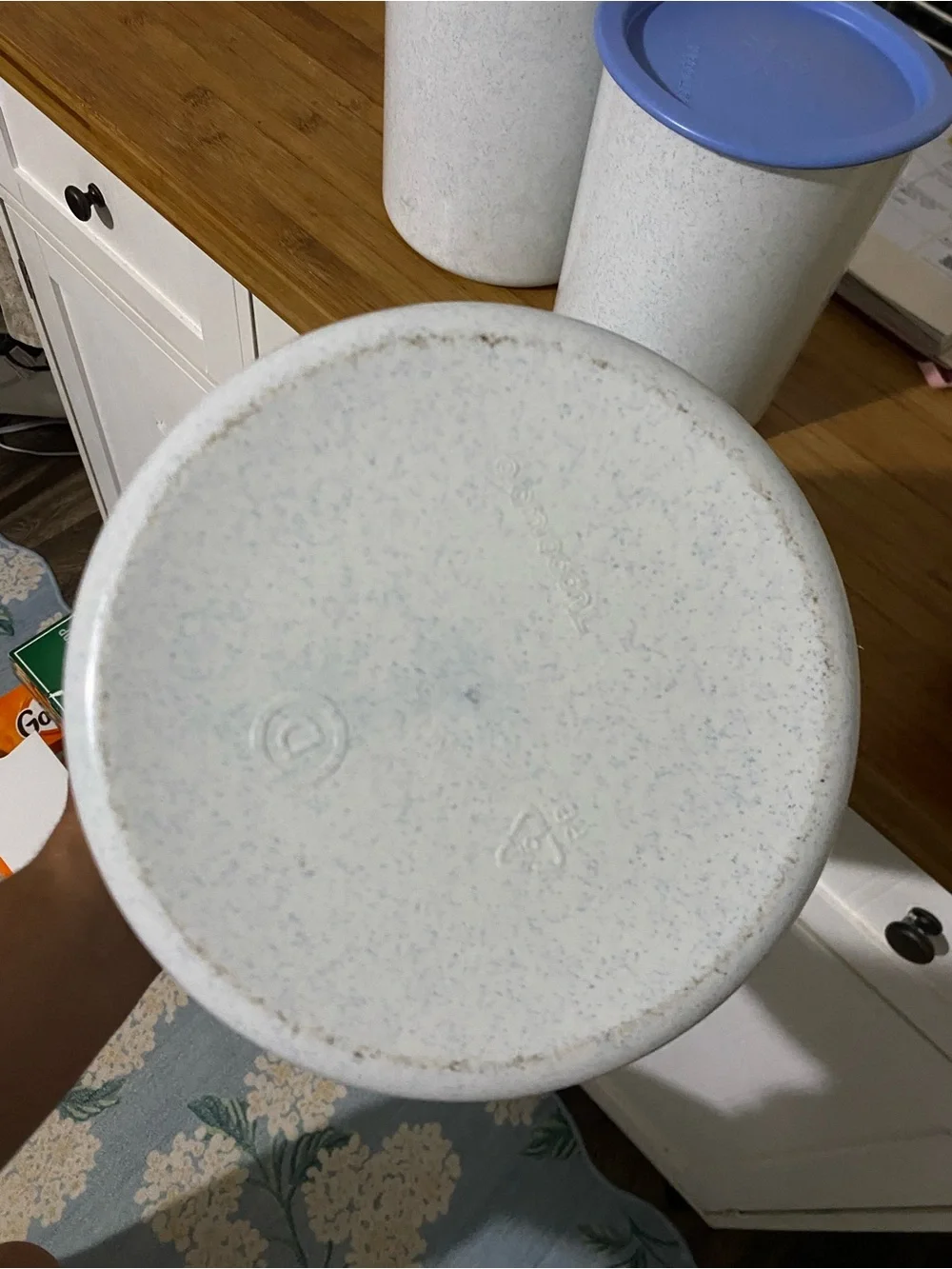 Vintage Nesting Tupperware Blue-Rim White Ceramic Canisters